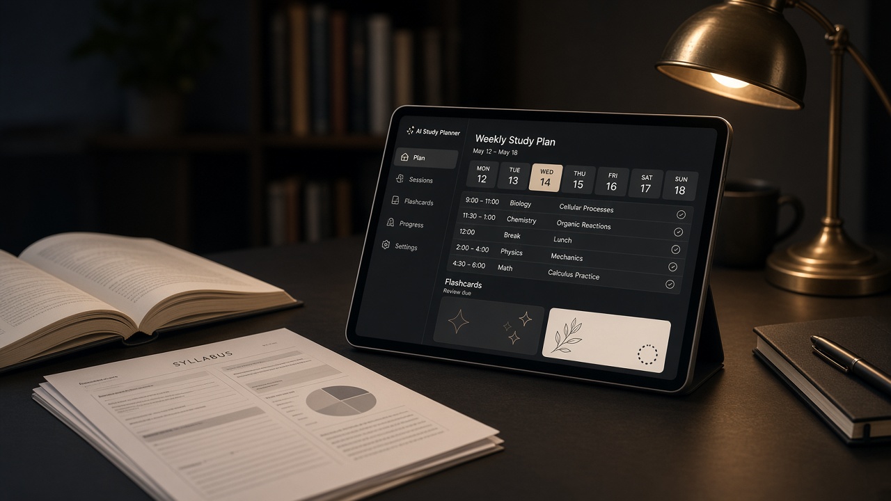 Night study desk with a tablet showing a structured study plan — AceMyExam concept by Affan Khan Wadood.