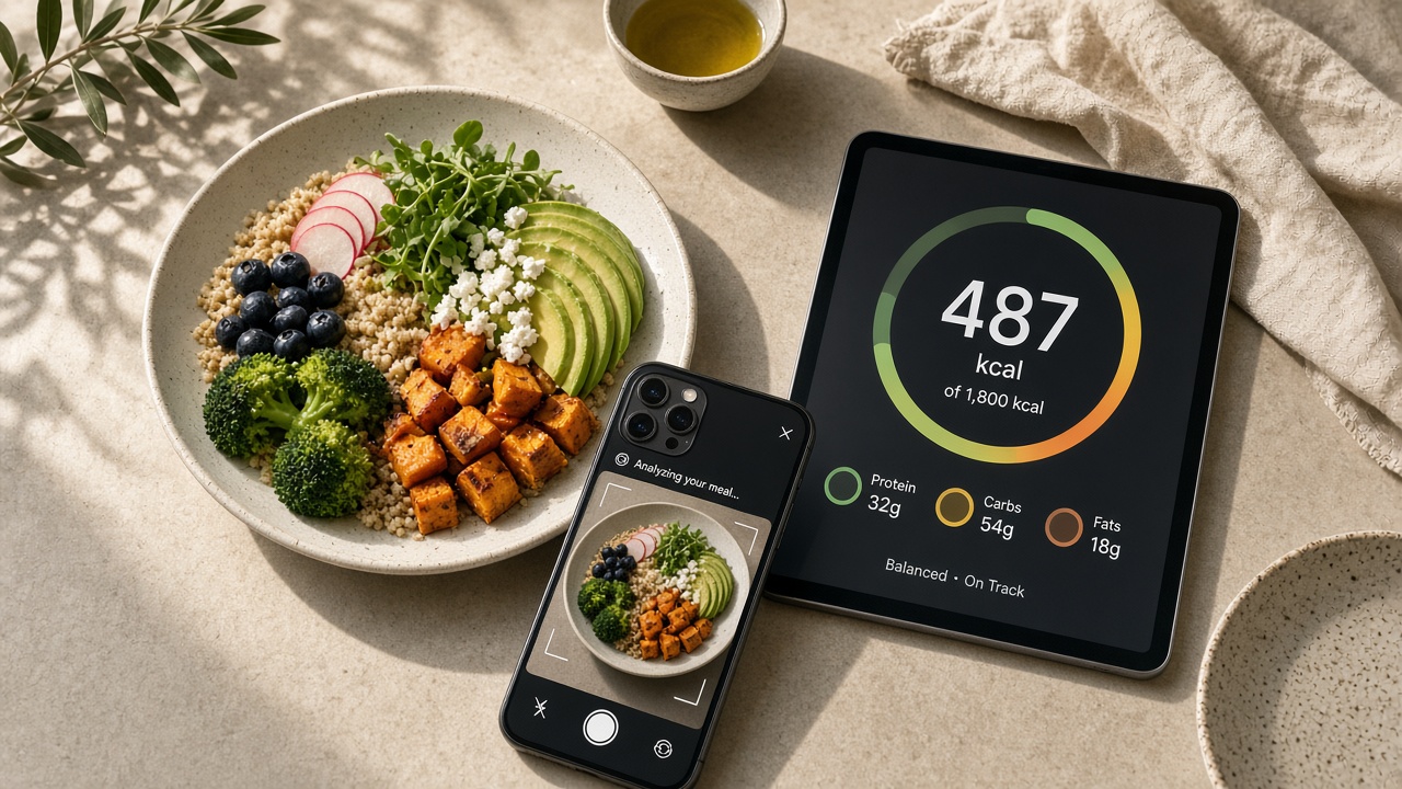 Kitchen counter with a phone photographing a meal beside a calorie ring — FitSnap concept by Affan Khan Wadood.