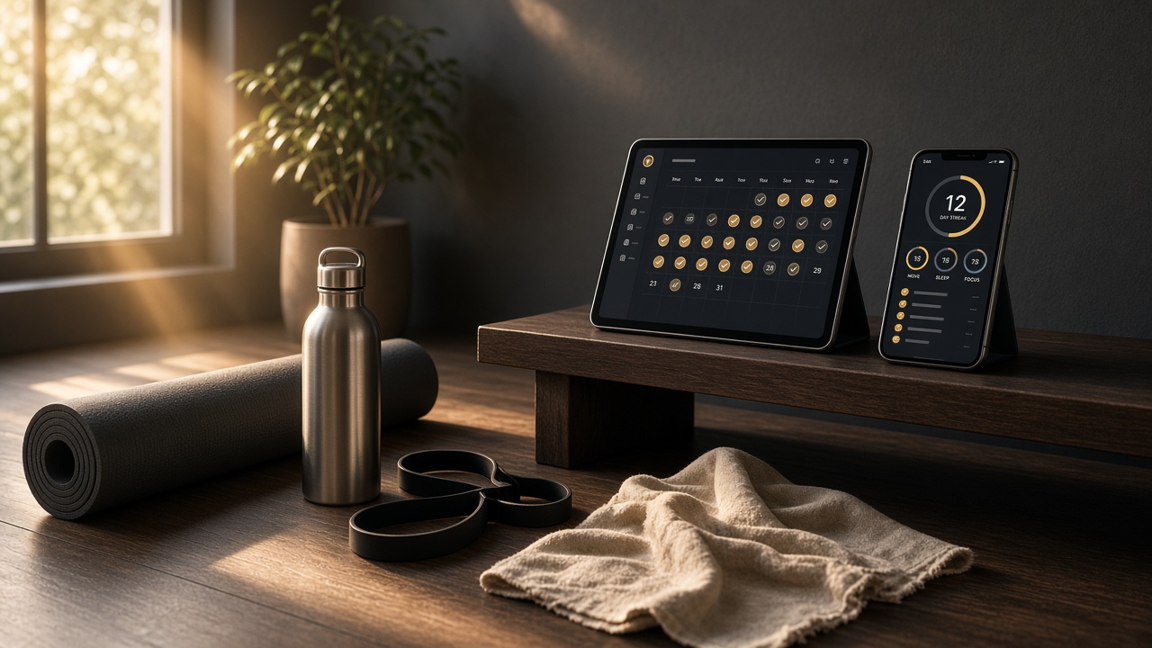 Dawn home gym with a phone and tablet showing a 30-day habit challenge — GlowUp Challenge collaboration idea by Affan Khan Wadood.