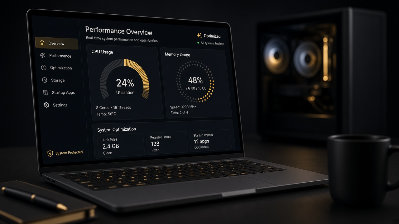 Studio still of a Windows performance dashboard on a dark desk — SloopBoost, a PC optimizer by Affan Khan Wadood.
