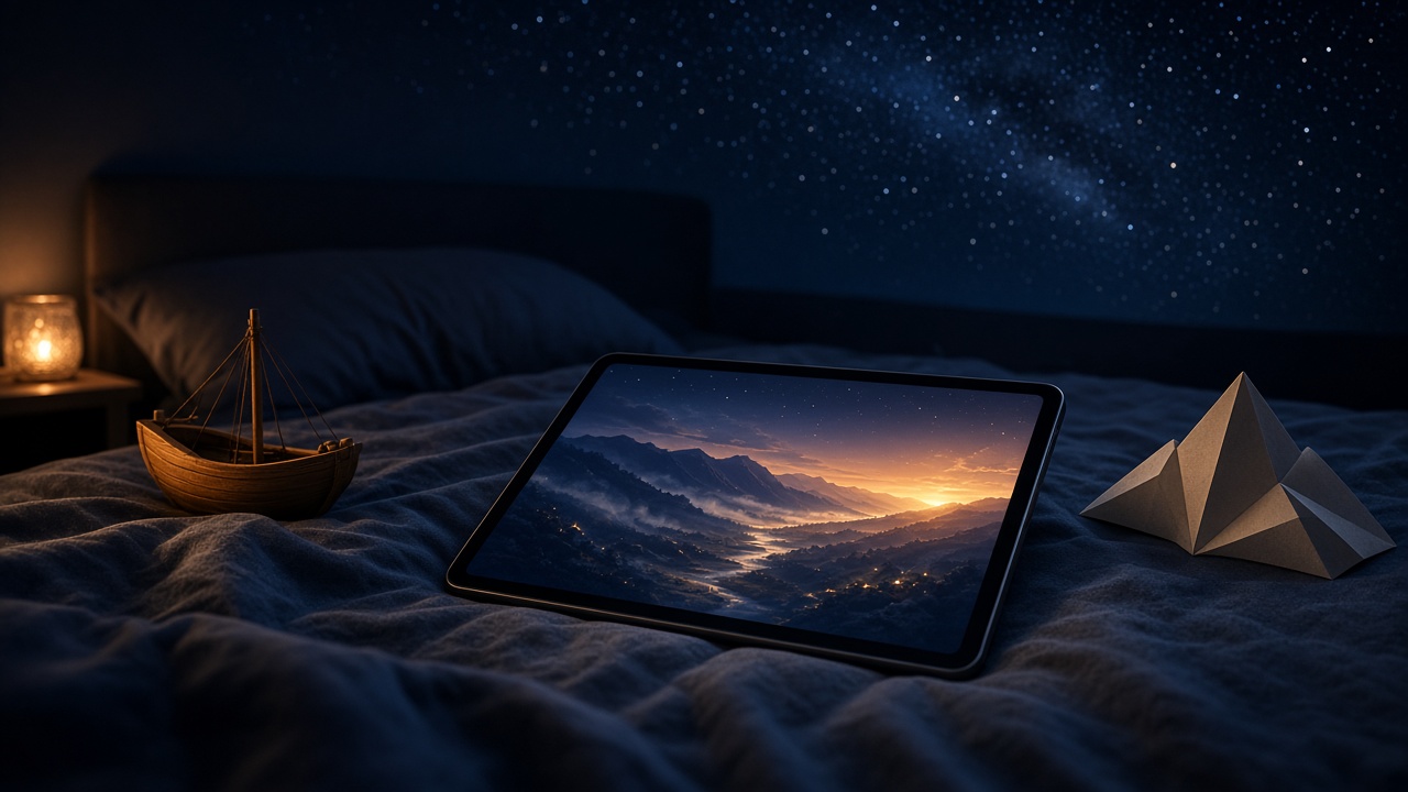 Dark bedroom with a glowing tablet and a faint starfield — SlumberViking concept by Affan Khan Wadood.