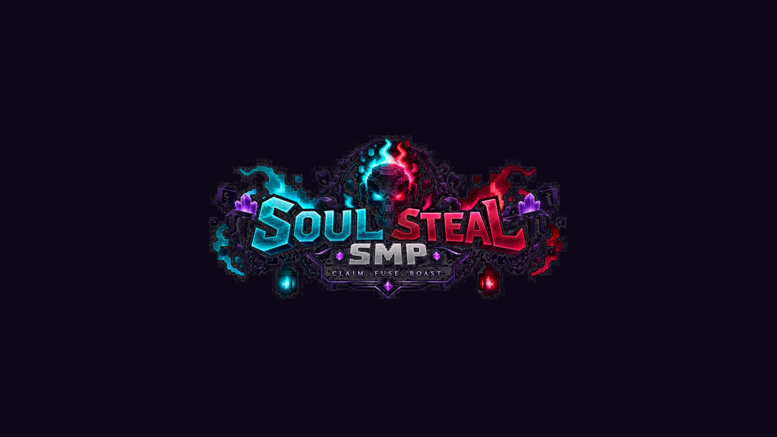 SoulSteal SMP emblem — cyan and crimson soul-split skull, official Paper PvP plugin by Affan Khan Wadood.
